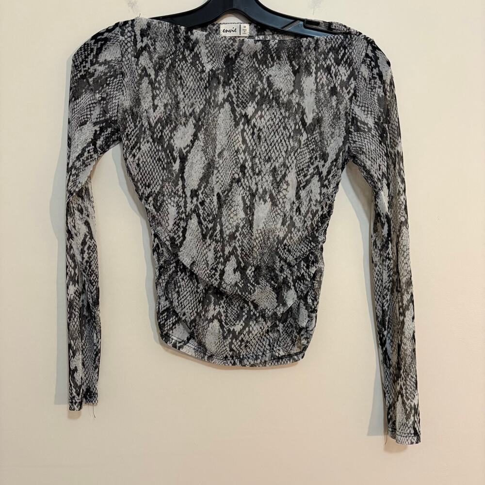 Envie Mesh Top Womens M Gray Snakeskin Print Long Sleeve Ruched Sheer Bodycon